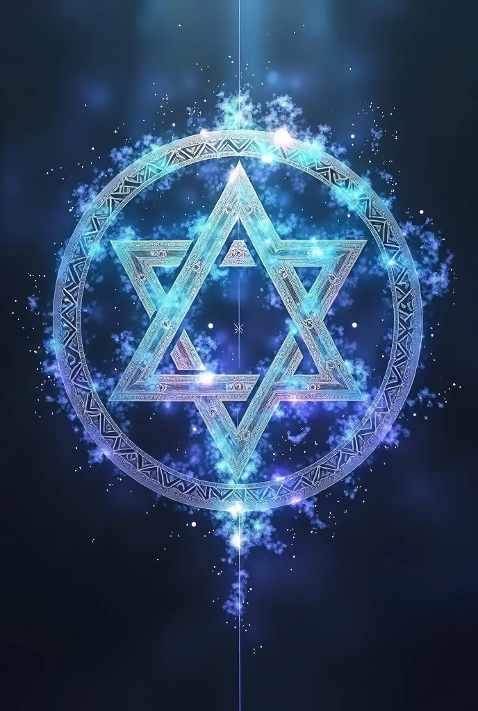 Create an image of a glowing hexagram (six-pointed star) formed by ancient magical runes. The runes should be intricately designed, with each line of the hexagram consisting of symbols that emanate a mystical energy. The hexagram should glow with a bright, ethereal light, surrounded by a faint aura that suggests powerful, arcane magic. The color scheme should include deep blues, purples, and silver to convey a sense of mystery and ancient power. The background should be dark, contrasting with the luminous runes to highlight their magical nature