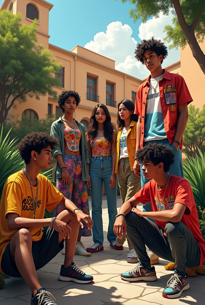 Young Latinos 18 to 2, Urban clothing with crazy designs Sitting in the courtyard of the music school