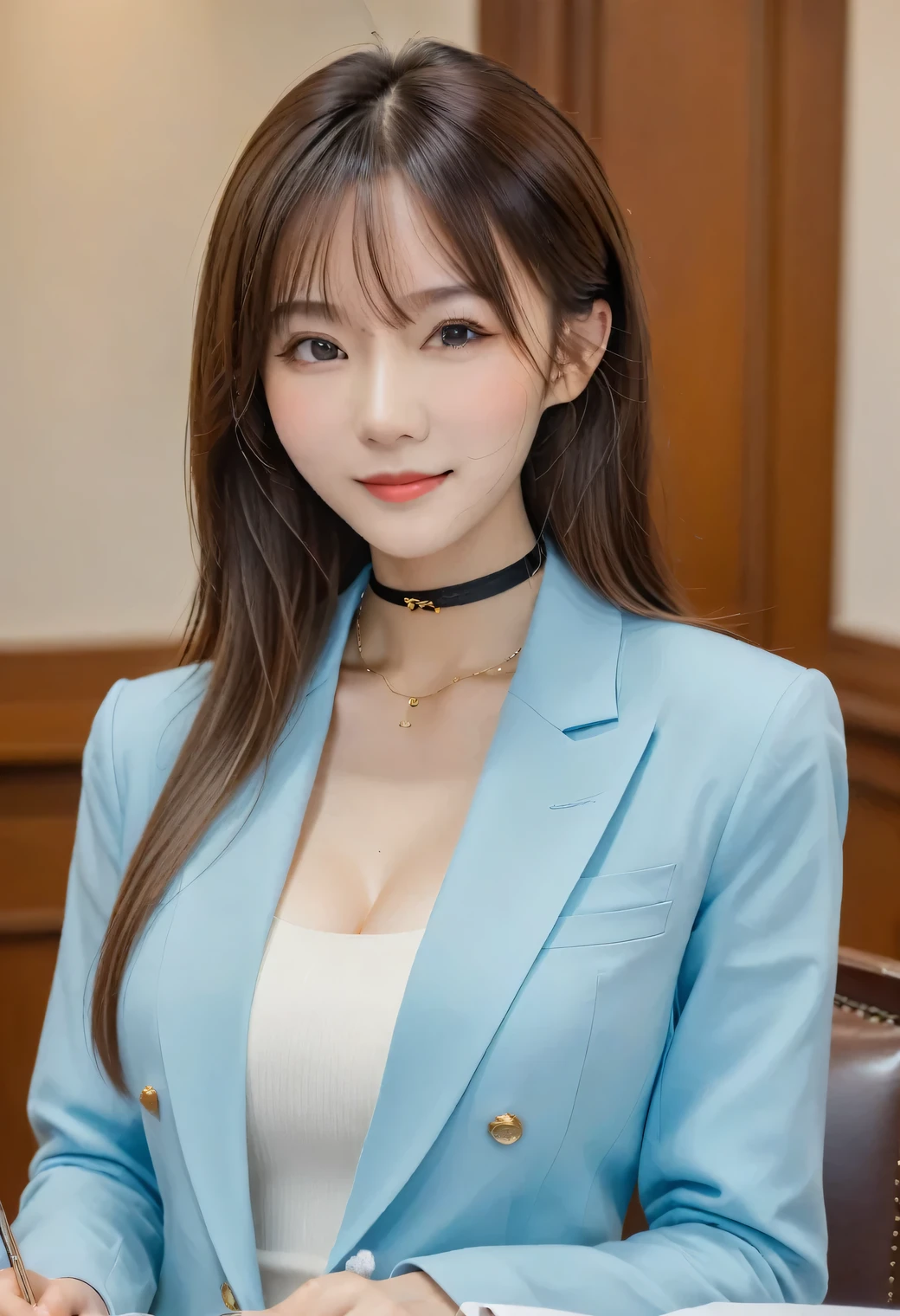 score_9, score_8, score_8 Up, score_7, Highest quality、masterpiece, group、((Light blue tight shirt, blazer、 uniform,)), Large Breasts, ((Layered Haircut)), The body is slim, Slim face（8k，Highest quality），Shot from medium distances,  adorable， smile， Long brown hair， 32K, masterpiece， Best image quality，Ultra-high resolution，Perfect hands，Black choker、Almond Eye、bangs、Very thick and long eyelashes, ((Big Breasts))、A dreamy look、Perfect Makeup、Round Table Meeting、They are meeting side by side、conference room、Round Table、Sit down and talk、Cabinet meeting、Tabletop