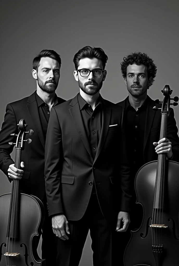 an image of 3 male artists, a beardless singer guitarist with glasses in the center, A curly-haired cellist on the right side and another violinist artist on the left, all with poses focused on the center and with a suit, black shirt and tie, the whole image with all black and white