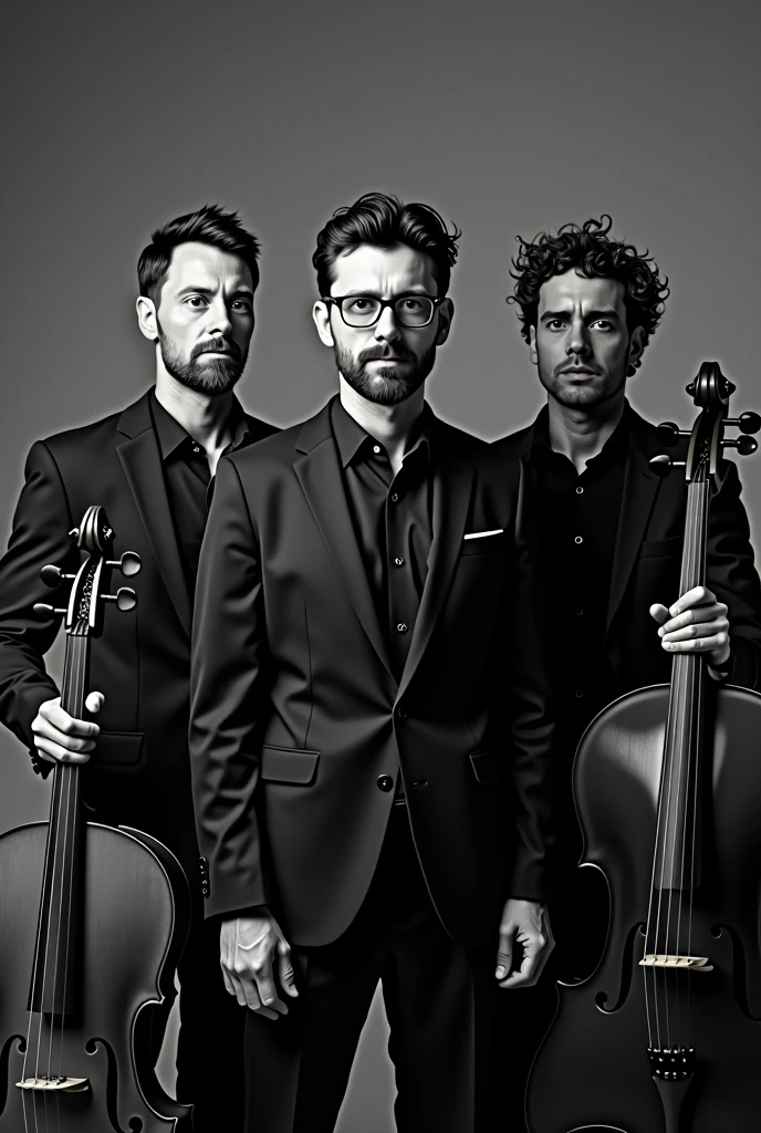 an image of 3 male artists, a beardless singer guitarist with glasses in the center, A curly-haired cellist on the right side and another violinist artist on the left, all with poses focused on the center and with a suit, black shirt and tie, the whole image with all black and white