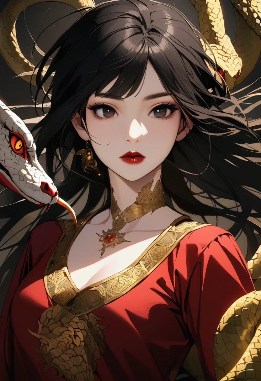 A girl with long black hair, red lips, black eyes and a snake-like gaze, a red tunic with gold edges and a gold belt with an Asian-celestial dragon tattoo on her neck with a scar on her face