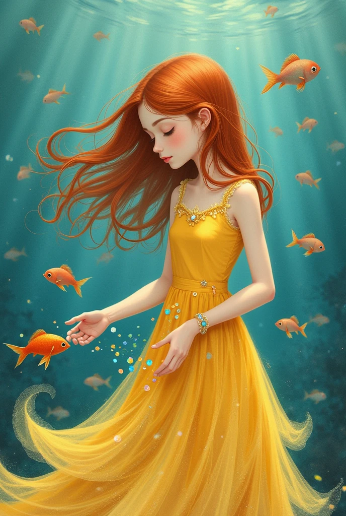 A girl in a yellow dress with scales. Fish floating around. She is removing the scales from a small orange fish to finish her dress... cyan blue water background. All in Drawing Style.