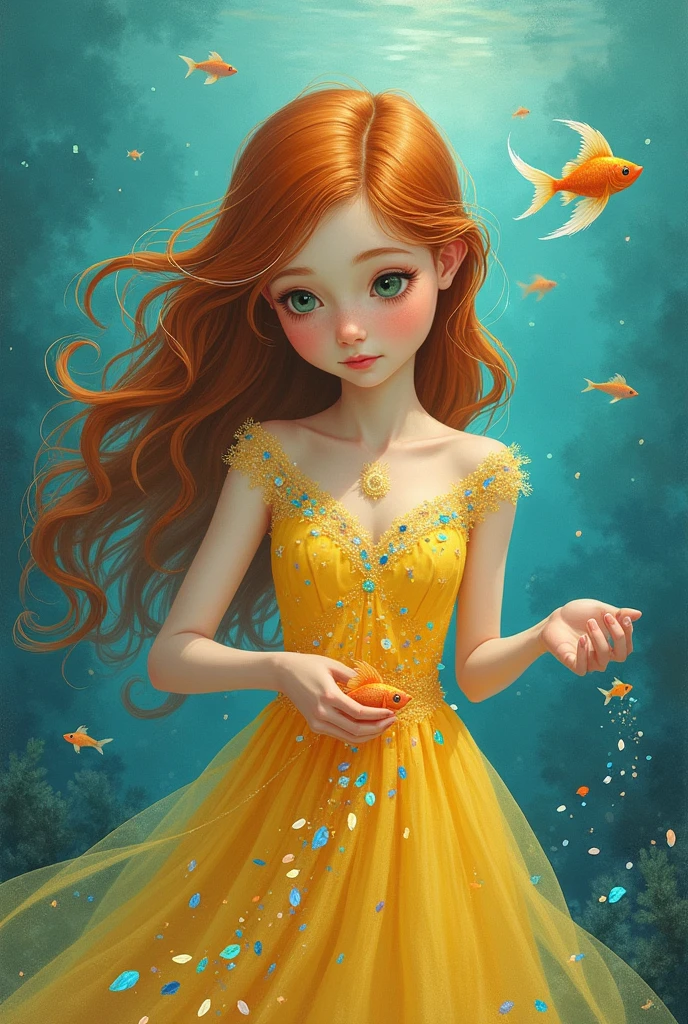 A girl in a yellow dress with scales. Fish floating around. She is removing the scales from a small orange fish to finish her dress... cyan blue water background. All in Drawing Style.