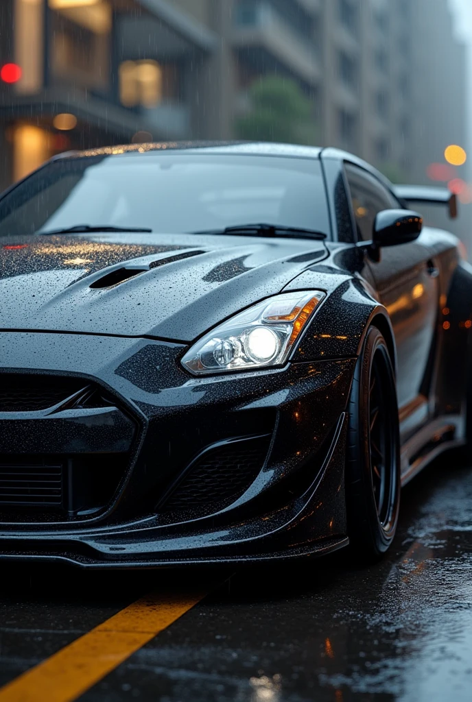 (photorealism:1.2), Suzuki A-star Black glossy with spoiler led headlight in rain