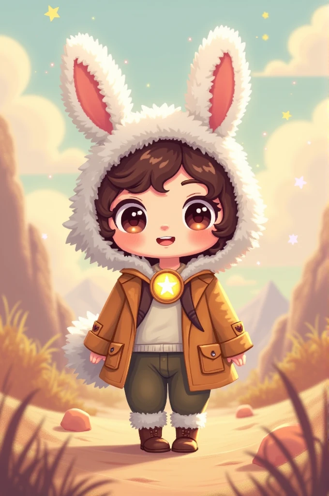 **cute human character with white fur accents, curly hair, and large expressive eyes, featuring small rabbit-like traits such as soft bunny ears and a fluffy tail, wearing an adventurous outfit, with a glowing magical necklace, in pixel art style, with subtle fantasy elements like tiny sparkles, standing in a cozy pastel-colored background, with a friendly and gentle expression, hair Brown, Full body**