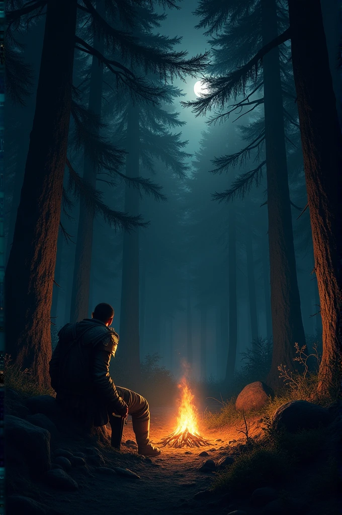 Act II: The Flight and the Alliance Scene 2: At Night Stage: A dense night forest, with tall trees whose branches form a natural roof that blocks the moonlight. The bushes are thick and crunch underfoot., making every move dangerous. In a small clearing, a fire is lit, casting dancing shadows in the dark surroundings. Rafael, a robust man with battle scars, is next to the fire, vigilante. The sound of nocturnal animals and the creaking of the