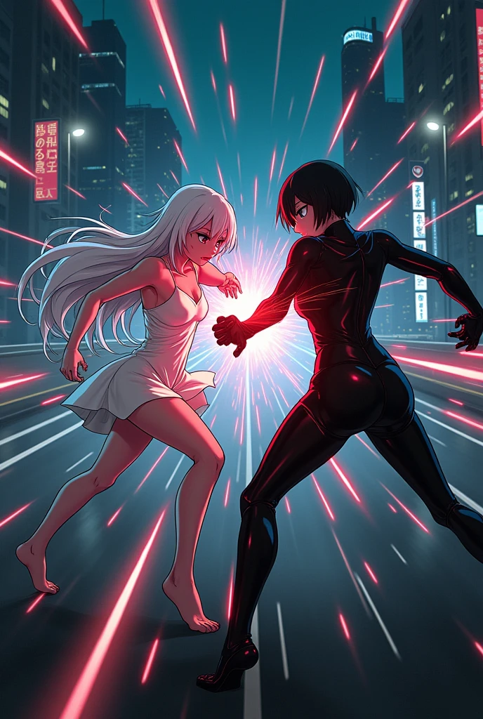 The image is anime style Darker than black with shadows and dim lights, anime style although somewhat adult and dark, It shows a scene of the roads of a city. In the image, an albino with long white hair and red eyes is fighting., who wears a short white dress and has bare feet, against a female android who has short black hair and a latex suit and one blue eye and the other brown. They fight bare-knuckle over the highway, Shock waves come out of their blows. The image is focused from above, so you can barely see the fighters in question.