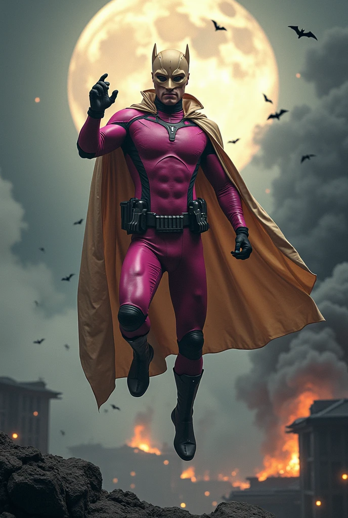 Malaysia man in high-tech suit, vivid effects, malaysian superhero(( (KELUANG MAN)) in a striking pink and brown beige costume cyberpunk design((, mask small mini bat ear beige,))(( beige bat mask domino beige cover head helmet))jumpsuit dark pink stands confidently in a dramatic.jumping from high place.hero costume.one hand rise up. (Small punisher in triangle shape on chest.). jumping from hight place. Fighting pose , stormy landscape. ((Head covered node guard like batman.)) Running pose , athletic body type, small mini ear bat mask))The character wears domino mask a helmet with pointed mini torn ears and a flowing cape biege, open nose and mouth. Equipped with visible futuristic weapons on a belt,bullet proof jacket pink dark day.show fingers pose, dark night, big supermoon effect . Small logo on chest triangle shape small ((mitch gerads punisher ) )). rocky. Building top.smoke ground , bomb effect background((, losse pants, losses costume.))adding to --ar 3:4 --style raw --stylize 500 --v 6.1. chaos. Lot of small flying bat. Hand glove. One leg on the high stone. Man. Backpack . Real man age 40 year old. One hand holding belt. Jump from high place. Open cape.two hand holding pistol