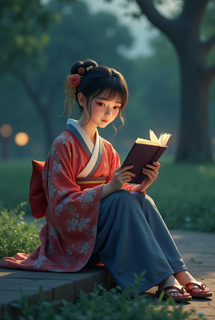 (((Hyperrealistic young Japanese woman))), (((woman standing alone))), Delicate and beautiful face, beautiful black eyes, His face expresses peace, calm, funny, beautiful red blue and white kimono, wooden sandals, sitting, reading a book in the park, full body girl in the park, night image, hyperrealistic image, vivid colors, photographic quality