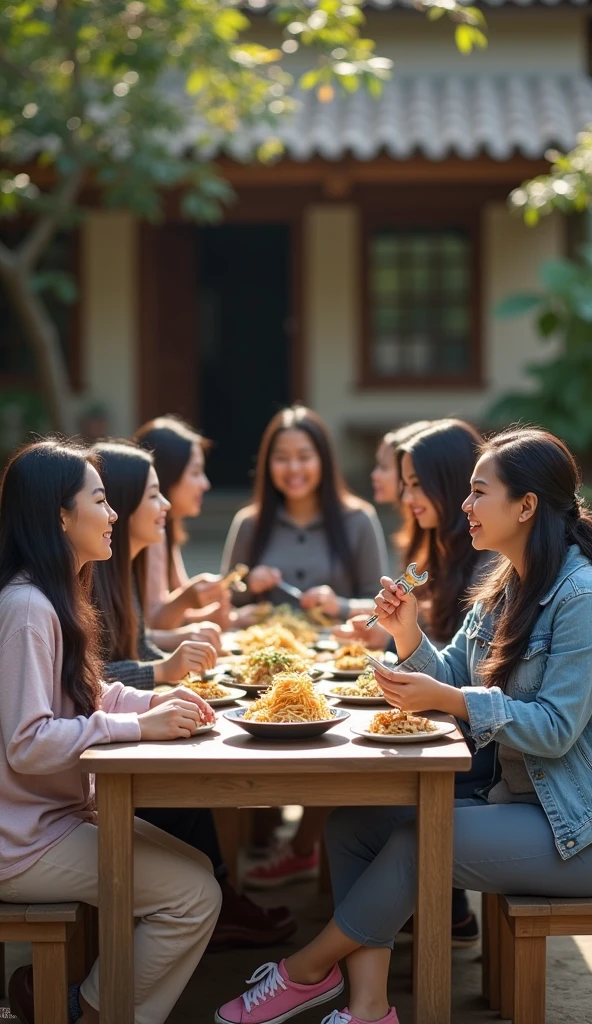 7 Beautiful Indonesian Women, his body is quite fat, fair skin, big nose, long wavy hair, wearing a denim jacket, long pants, wearing pink sneakers, sit down, eating position, on the table there are chicken noodles, his hand holds a wrench,  happy face facing the camera, in front of the country house, morning mood, minimal defects, very detail, realistic, 8K picture