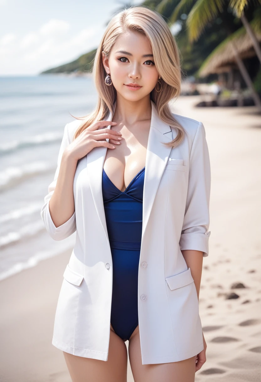 8k, raw photo, best quality, masterpiece, realistic, photo realistic, clear, professional lighting, beautiful face, best quality,ultra high res, realistic japanese, Super detailed, detailed fingers, 1women, shiny hair, detailed hair, beach resort,standing, full body