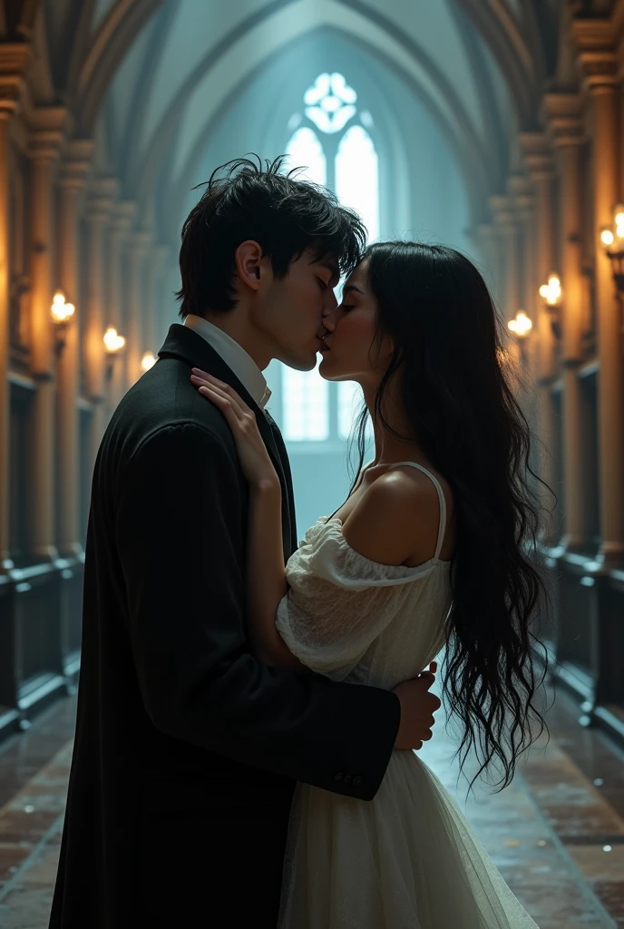 Create an image of James Potter, He is kissing with a , who has long black hair, gray eyes and is pale, but very beautiful. They are both teenagers and the setting is Hogwarts.