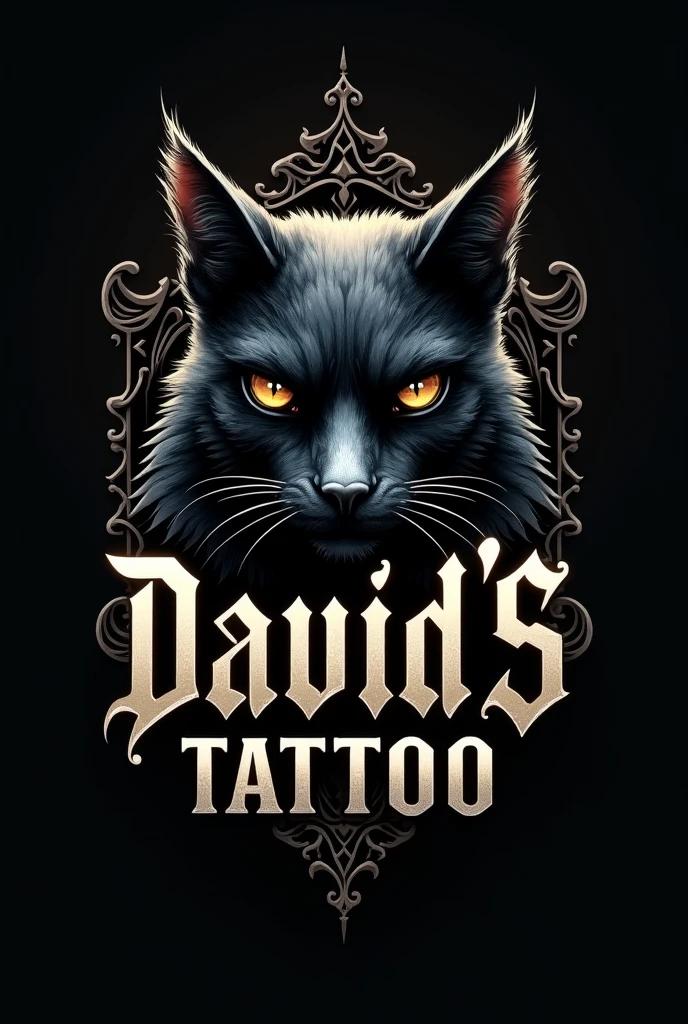Generate a logo with a gothic style and lettering for a tattoo studio with the name David's Tattoo. You can use the head of a cat or a crow as simple as possible.