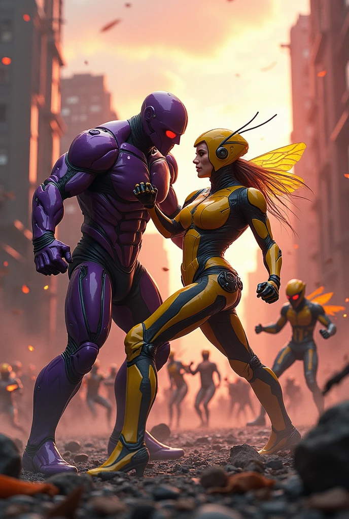 (photorealism: 1.2), villain, muscular man, dressed in a purple futuristic suit, wearing a purple helmet, fighting a heroine with a yellow futuristic suit, with a futuristic helmet, with the wasp-style suit, exterior , destroyed city, villains and heroes fighting in the background, destroyed buildings, reddish sky, warm colors