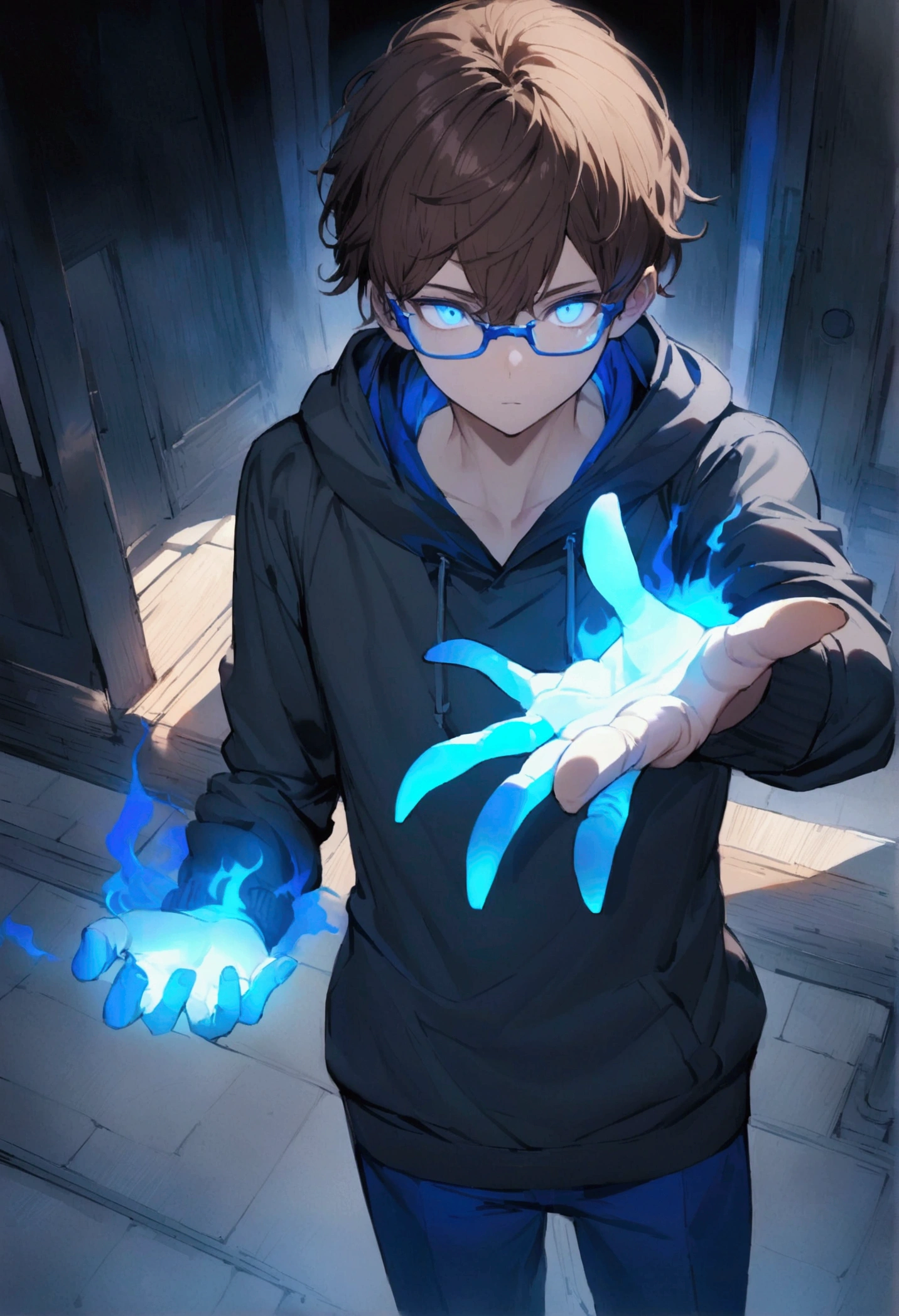 a white eyed boy with blue glasses with brown hair wearing a dark blue hoodie with blue pants with an electric blue d colored aura all around his body and blue colored fire coming out of his hand
