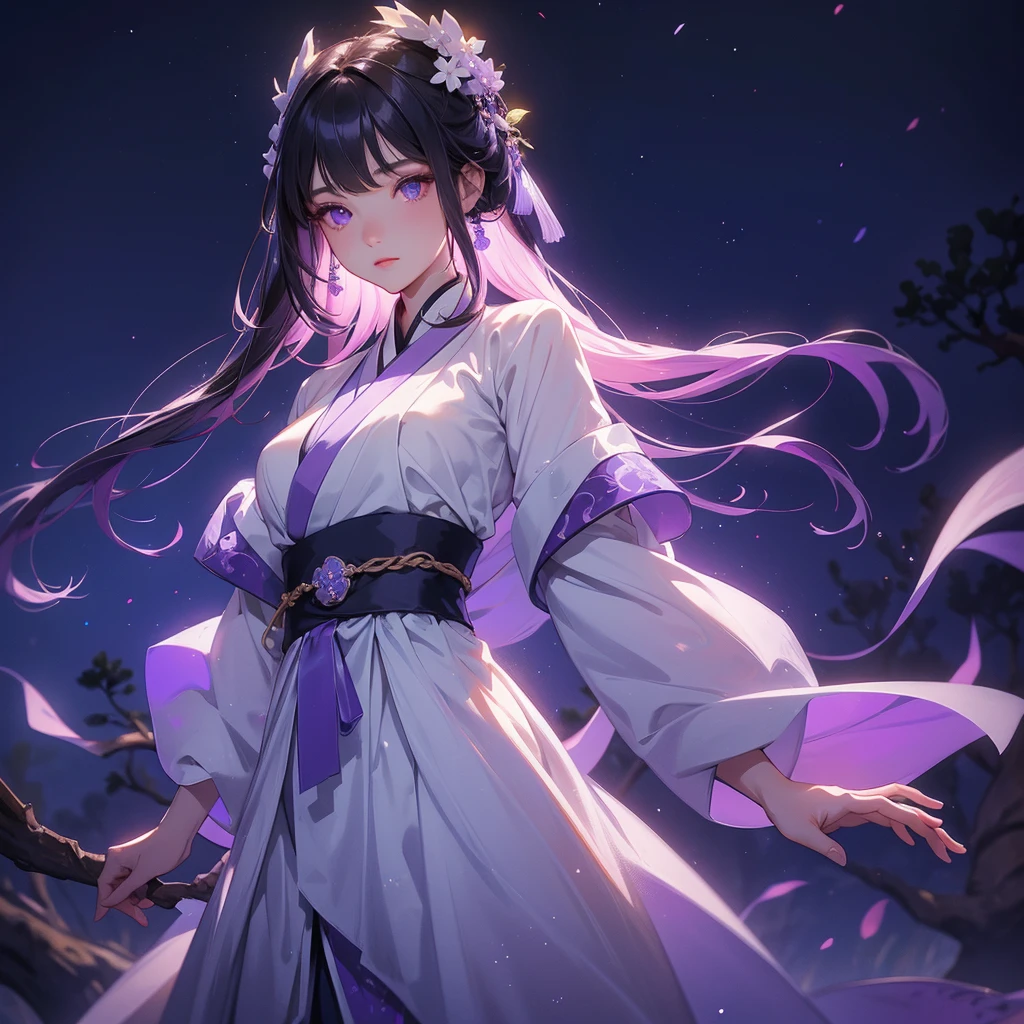 A beautiful female in white hanfu dress , Standing in the middle of Background is a dark moonless night, with dry trees in the background, and purple glowing light , close up.