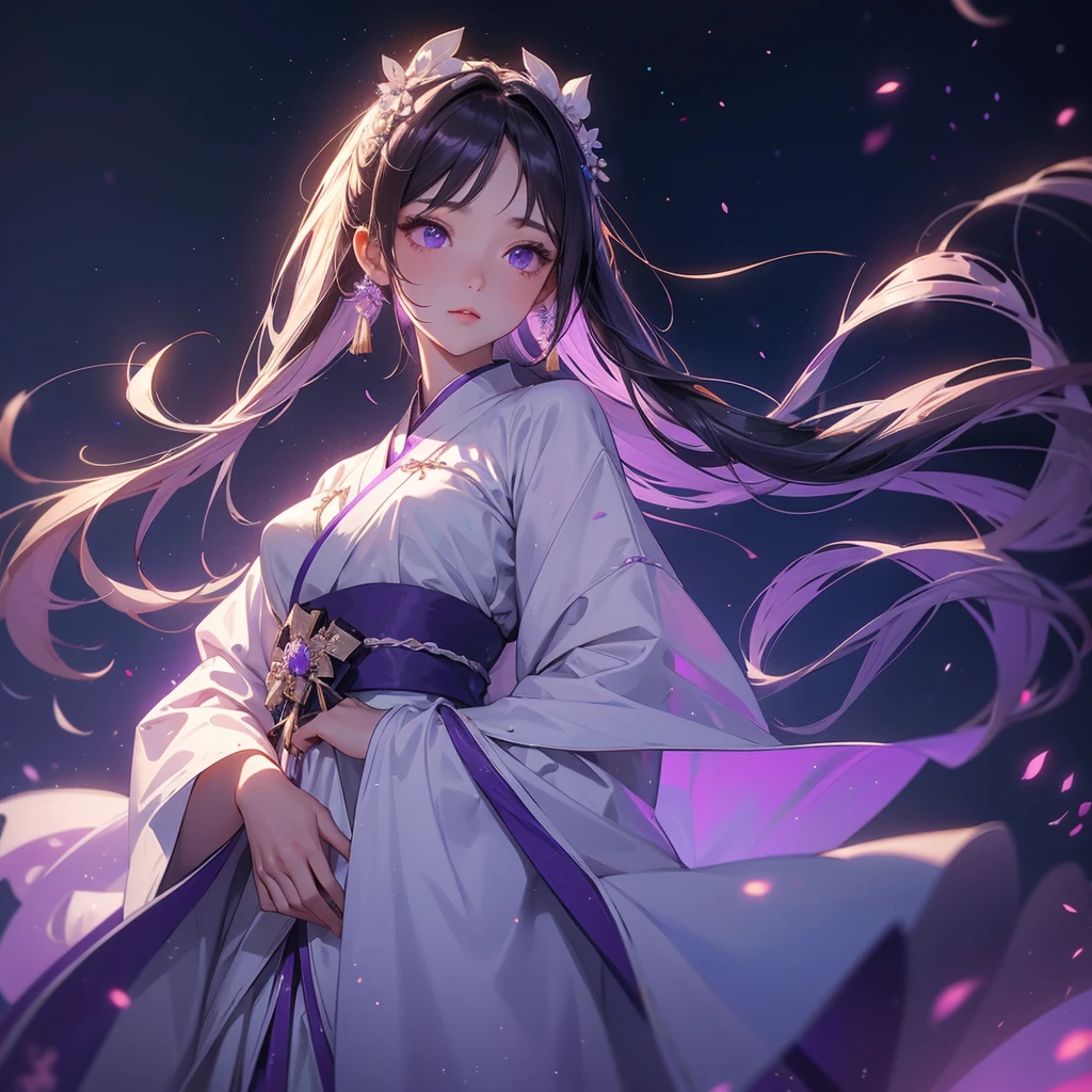 A beautiful female in white hanfu dress , Standing in the middle of Background is a dark moonless night, with dry trees in the background, and purple glowing light , close up.