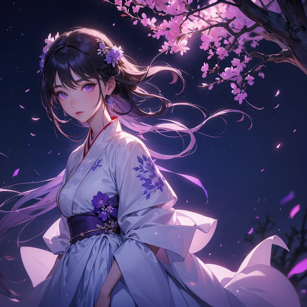 A beautiful female in white hanfu dress , Standing in the middle of Background is a dark moonless night, with dry trees in the background, and purple glowing light , close up.