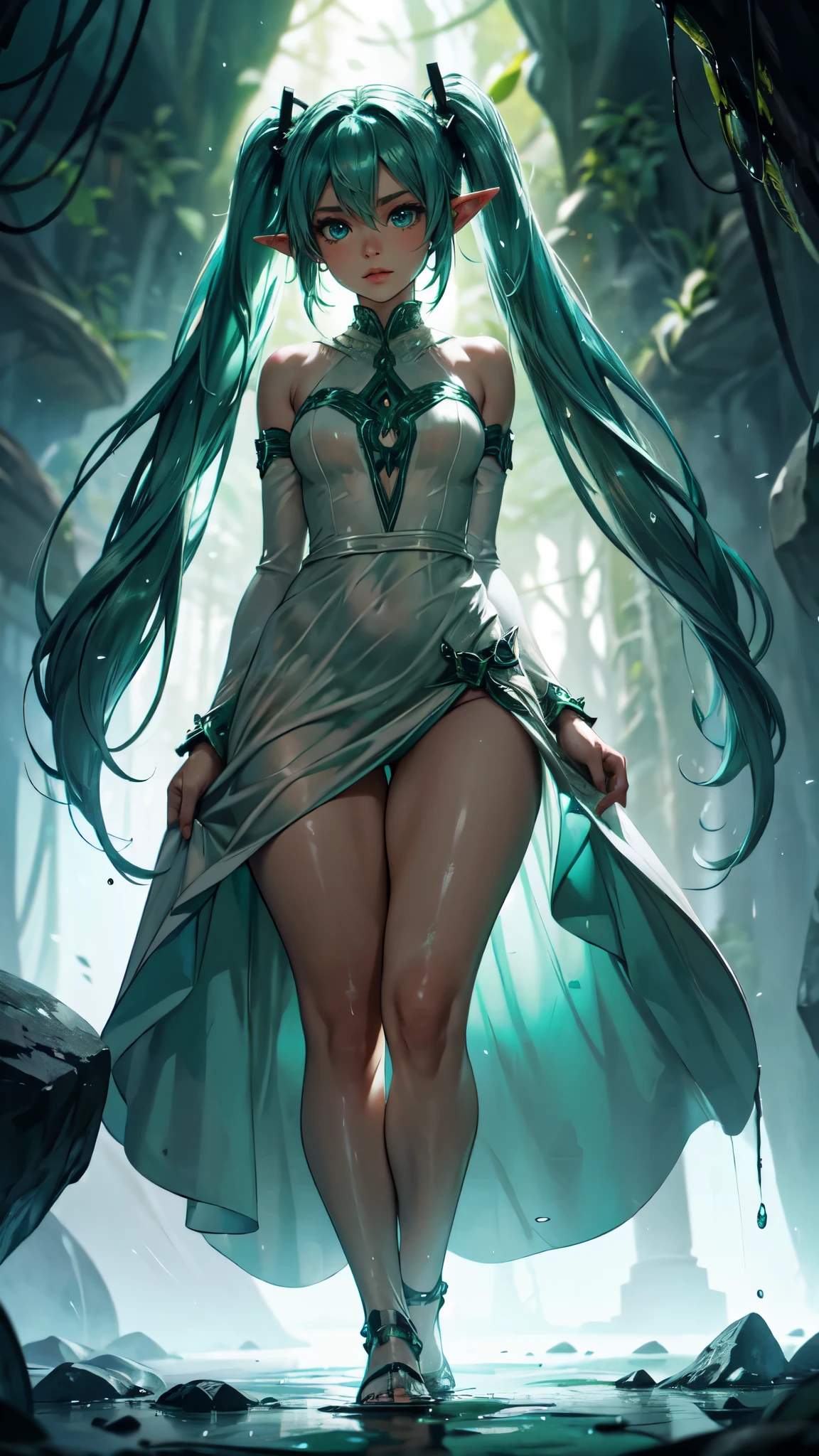 Within a dark cave with an opening at the top, zenithal lighting, bright plants gently illuminating the surroundings with a green hue, thick thighs, wide hips, mature female, (dramatic light:1.3), woman, hatsune miku, solo, dress, flower, long hair, white dress, twintails, very long hair, hol,detailed eyes, detaield hands, detailed face, elf woman, full body, wet,drops of water,wet
