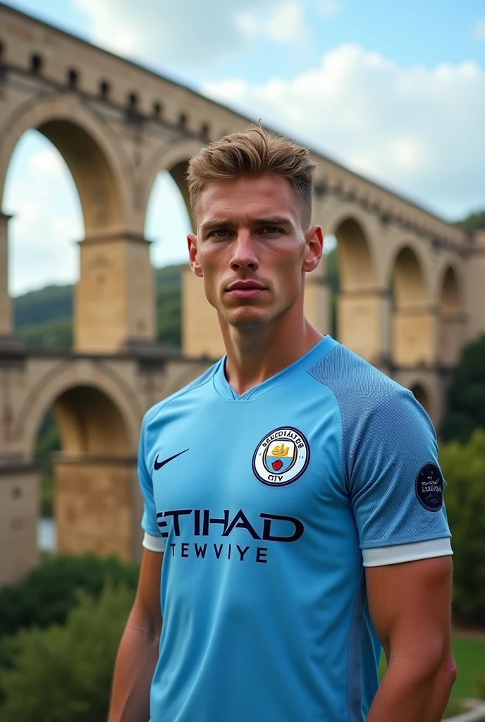 KEVIN DE BRUYNE STANDING IN MANCHESTER CITY SHIRT IN FRONT OF Pont du Gard