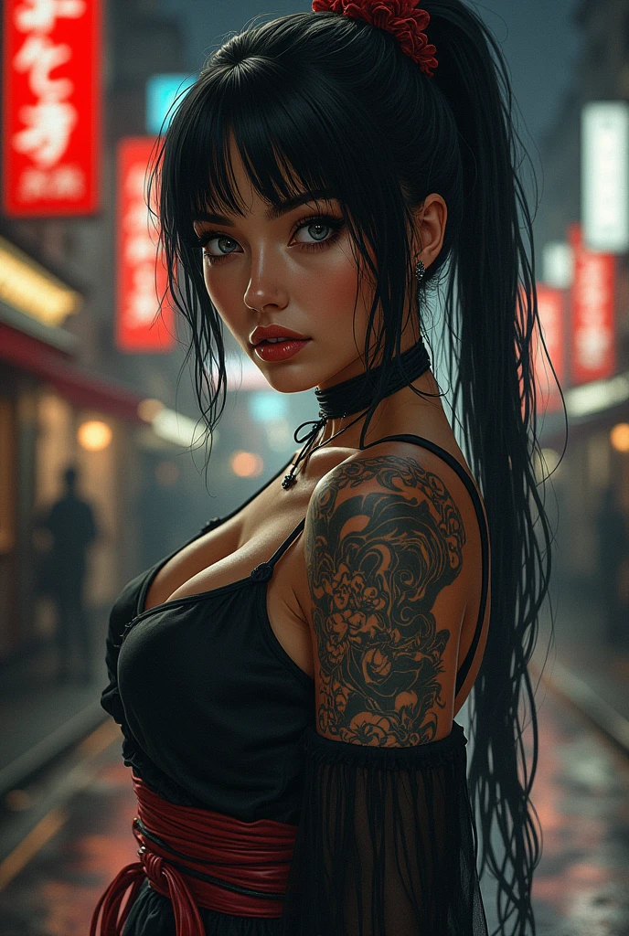 drawing woman, Dark skin, gray eyes, Japan, in worn color, Goddess, warrior, Norman Rockwell, tattooed, curvy figure, he would be, strong look, streets at night, black color, Dark, Samurai, punk,