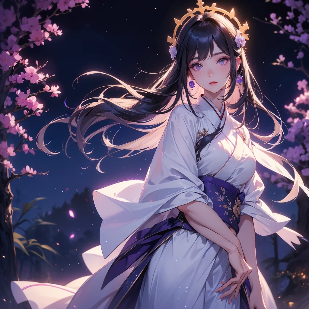 A beautiful female in white hanfu dress , Standing in the middle of Background is a dark moonless night, with dry trees in the background, and purple glowing light , close up.