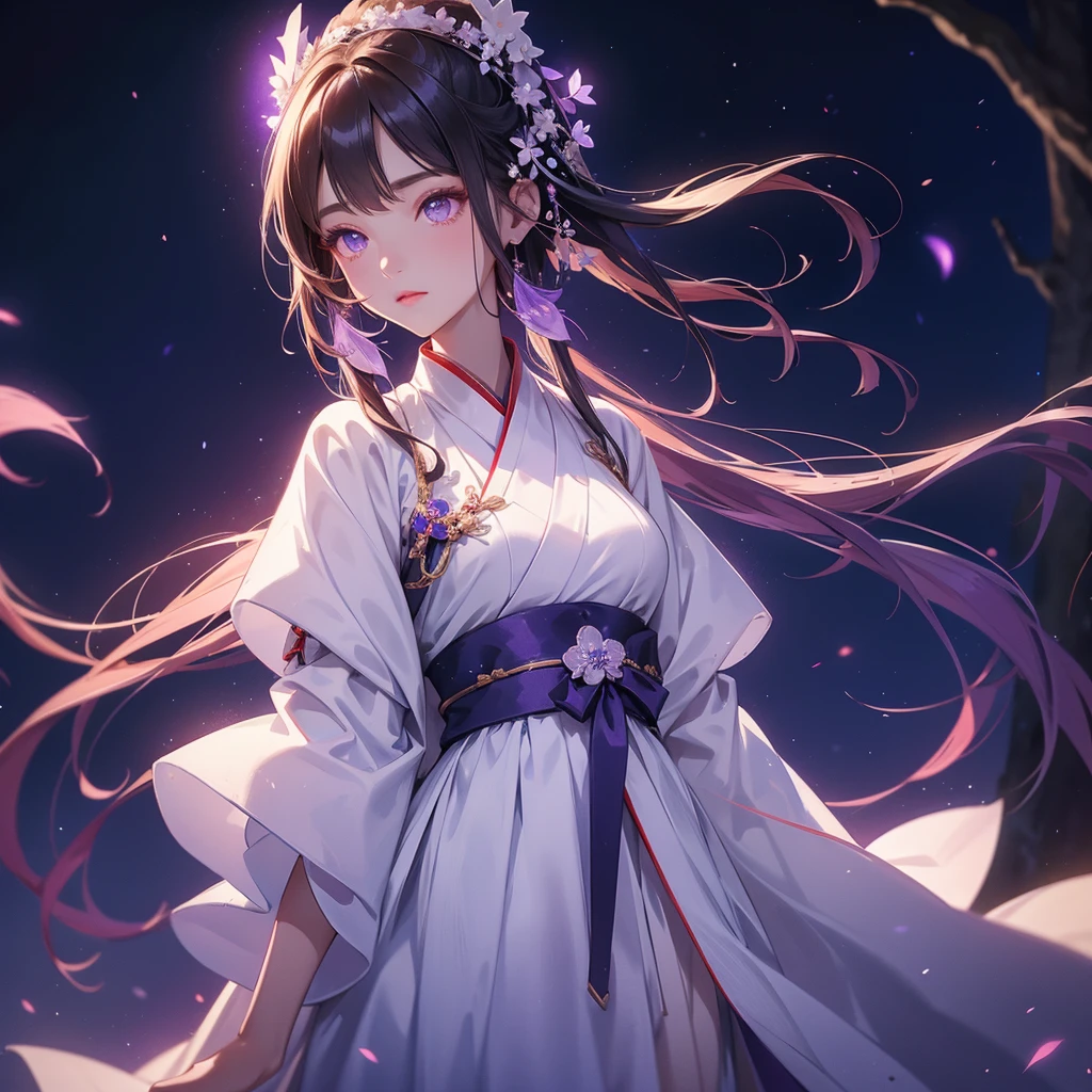 A beautiful female in white hanfu dress , Standing in the middle of Background is a dark moonless night, with dry trees in the background, and purple glowing light , close up.