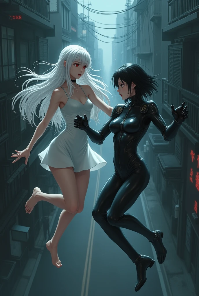The image is anime style Darker than black with shadows and dim lights, anime style although somewhat adult and dark, It shows a scene of the roads of a city. In the image, an albino with long white hair and red eyes is fighting., who wears a short white dress and has bare feet, against a female android who has short black hair and a latex suit and one blue eye and the other brown. They fight bare-knuckles flying over the road The image is focused from above, so you can barely see the fighters in question.
