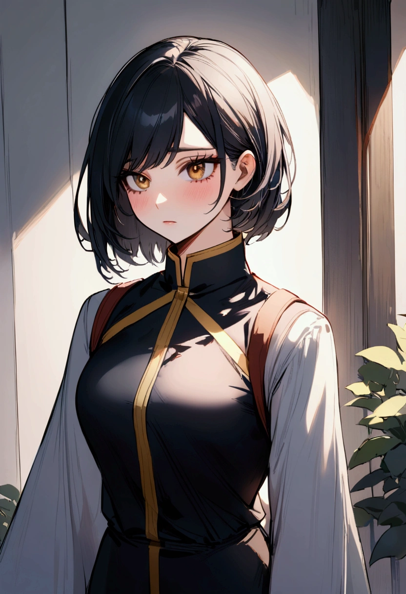 a pretty shy girl with golden eyes and long black hair wearing the My Hero Academia uniform who has the power of an assassin