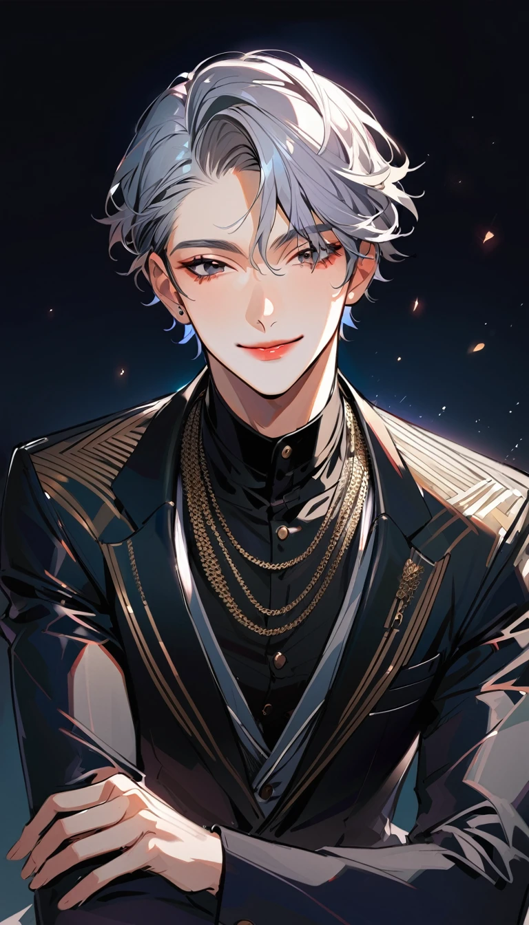 1handsome boy, solo, grey hair , black eyes, barber cut, glossy lips, smile, an expression of love, wears a black jacket