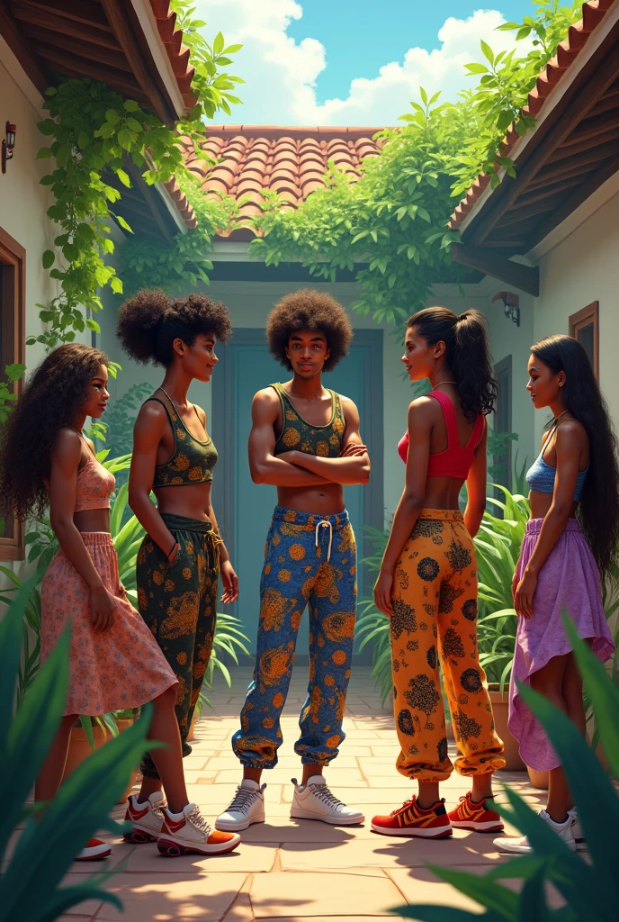 Young people 18 to 2, light brown skin urban clothes with crazy designs Sitting in the courtyard of the music school