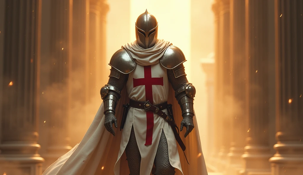 Knight Templar with helmet marching with a Holy Light coming from above