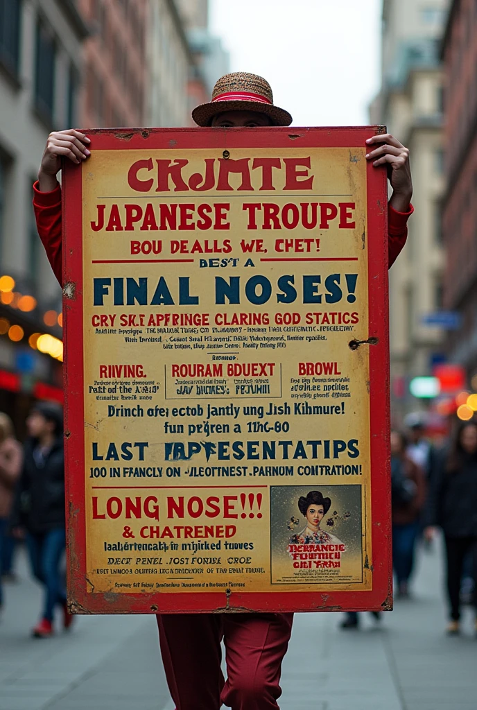 Mientras Passepartout reflexionaba en esto, sus ojos se posaron en un inmenso cartel que una especie de payaso llevaba por las calles. Este cartel, que estaba en inglés, decíaACROBATIC JAPANESE TROUPE. HONOURABLE WILLIAM BATULCAR, PROPRIETOR,
LAST REPRESENTATIONS,
PRIOR TO THEIR DEPARTURE TO THE UNITED STATES, OF THE
LONG NOSES! LONG NOSES!
UNDER THE DIRECT PATRONAGE OF THE GOD TINGOU! GREAT ATTRACTION!ACROBATIC JAPANESE TROUPE. HONOURABLE WILLIAM BATULCAR, PROPRIETOR,
LAST REPRESENTATIONS,
PRIOR TO THEIR DEPARTURE TO THE UNITED STATES, OF THE
LONG NOSES! LONG NOSES!
UNDER THE DIRECT PATRONAGE OF THE GOD TINGOU! GREAT ATTRACTION!