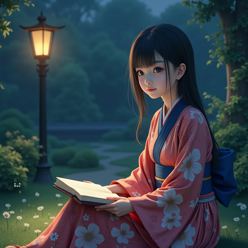 (((Hyperrealistic young Japanese woman))), (((woman standing alone))), Delicate and beautiful face, beautiful black eyes, His face expresses peace, calm, funny, beautiful red blue and white kimono, wooden sandals, sitting, reading a book in the park, full body girl in the park, night image, hyperrealistic image, vivid colors, photographic quality