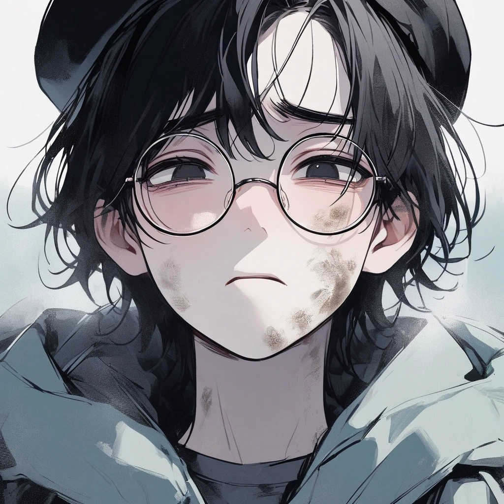 Young man, black hair, pastel colors, face close up, poor, beret, round glasses, simple, black eyes, orphan, dirty, oversized jacket, cold, sad, grey clothes, miserable, boy, lonely, black eyes, black hair, strong jawline, squared chin, sharp nose, strong neck, cute