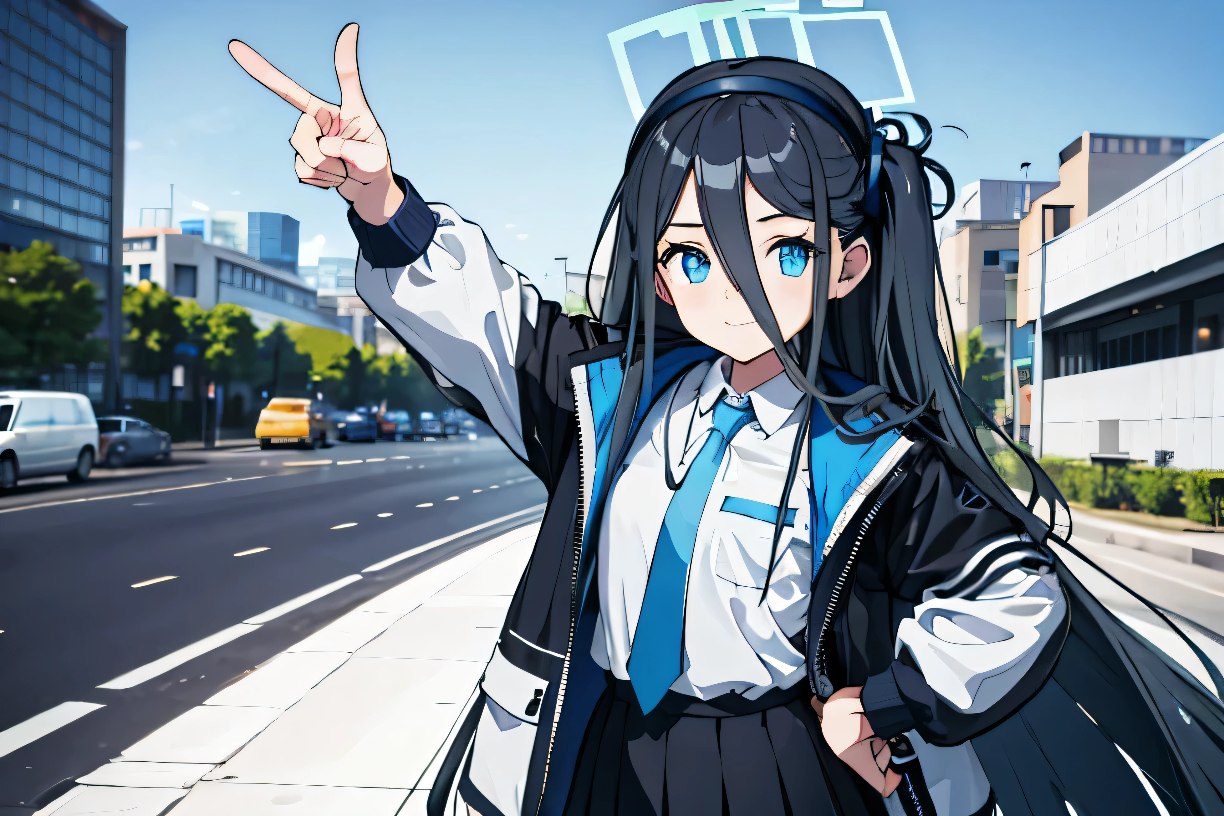Alice Def, (Very long hair:1.1), look up, Hands on hips, From above, Conceit, street, masterpiece, Highest quality, High resolution, Nice hands, Perfect hands,one arm raise up