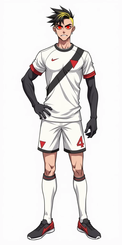 red human eyes, naughty man, football player, long arms and yellow low fade