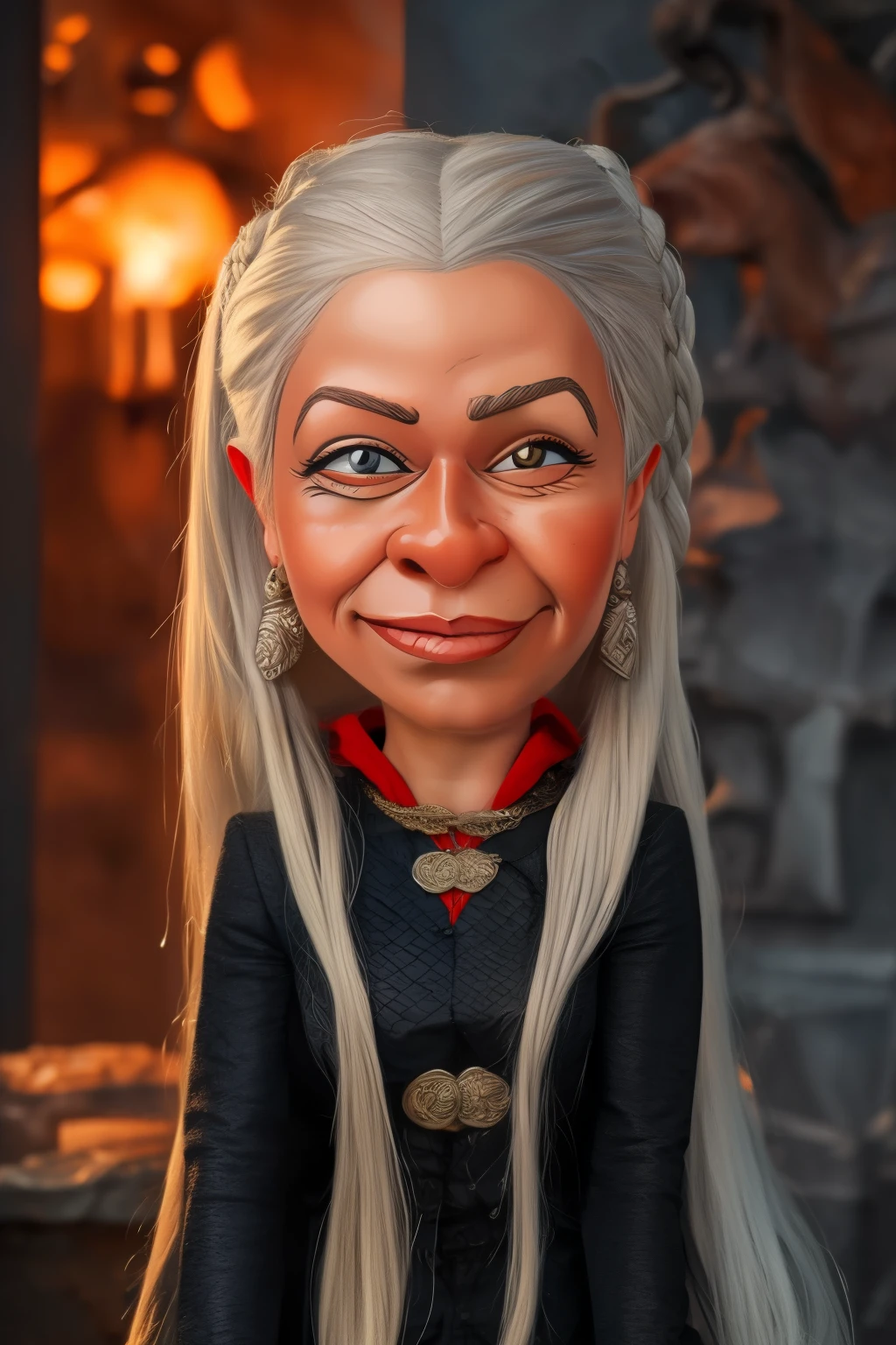 (((caricature style: 1.5))), exaggerated features, bold lines, vibrant colors, digital painting, cartoonish, big head, smiling,long neck,  (( Rhaenyra Targaryen caricature, exaggerated features, silver hair flowing in the wind, intense purple eyes)) , regal yet determined expression, dragon scales subtly integrated into her clothing, sitting on an iron throne made of dragon bones, background of a burning city, dramatic lighting, digital painting, cartoonish, bold lines, vibrant colors, high contrast, sharp details, fantasy elements, medieval atmosphere, epic and powerful, (masterpiece: 2), best quality, ultra highres, original, extremely detailed, perfect lighting
