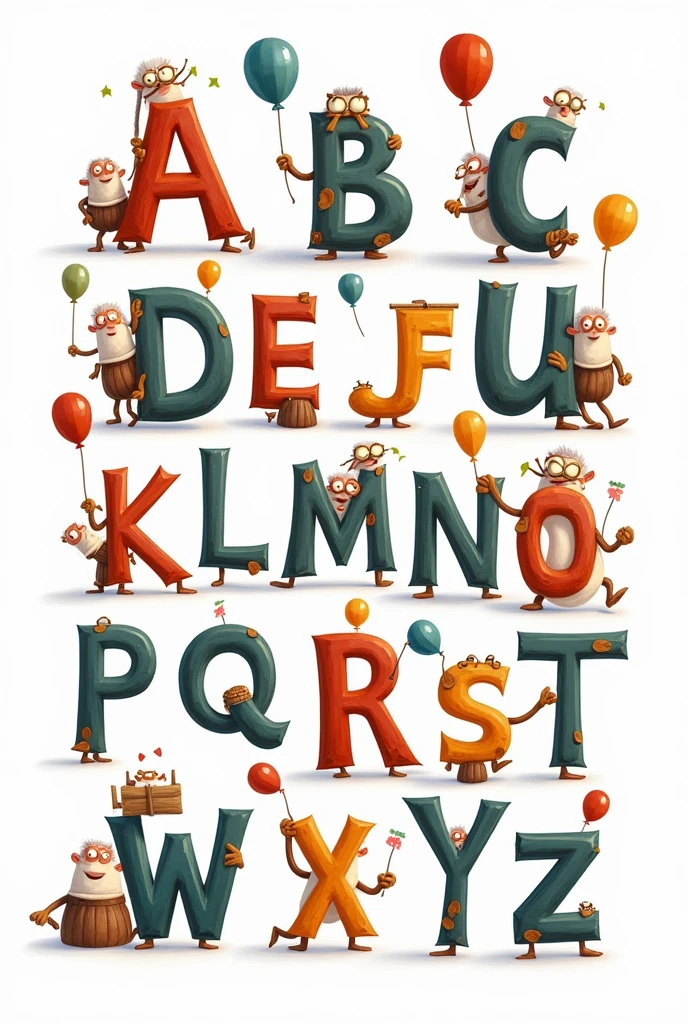 I would like to create an alphabet on a white background on the theme of Up There, Pixar Cartoon 