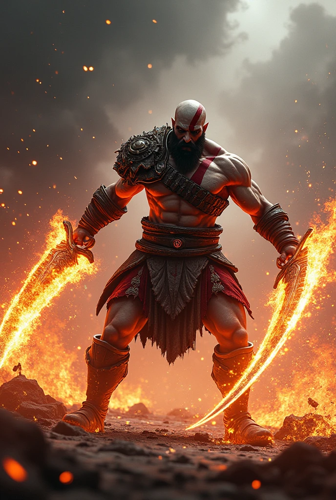 "kratos, the spartan warrior on a fire background, is in a moment of furious attack. He is wielding his Blades of Chaos, that are engulfed in intense flames. kratos, with his fierce expression and tensed muscles, is in the middle of a powerful coup, with the blade chains spinning around him. The scenery in the background is dark and chaotic, with dark clouds and sparks flying in the air, while the ground around it is scarred by cracks and embers. A imagem captura a força e a fúria de kratos em pleno combate."
This description should help create a powerful image that is true to the style of God of War..