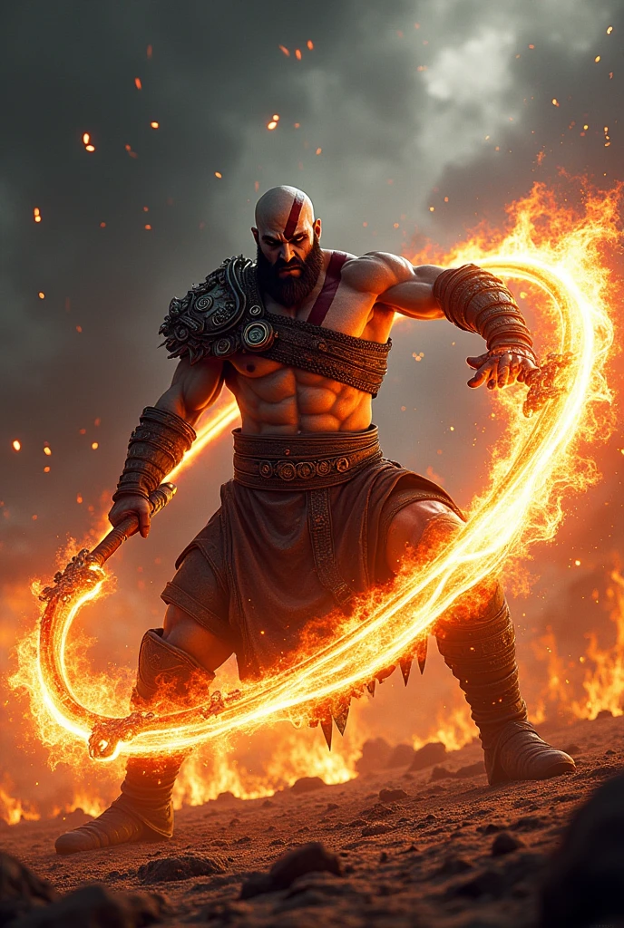 "kratos, the spartan warrior on a fire background, is in a moment of furious attack. He is wielding his Blades of Chaos, that are engulfed in intense flames. kratos, with his fierce expression and tensed muscles, is in the middle of a powerful coup, with the blade chains spinning around him. The scenery in the background is dark and chaotic, with dark clouds and sparks flying in the air, while the ground around it is scarred by cracks and embers. A imagem captura a força e a fúria de kratos em pleno combate."
This description should help create a powerful image that is true to the style of God of War..