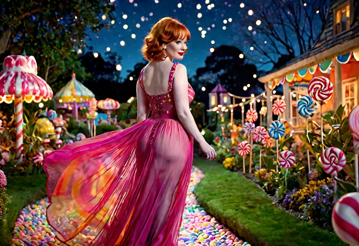 a detailed photo of Christina Rene Hendricks in a sheer colorful gown without underwear, strolling through a candy land garden in full bloom on a moonlit night, sultry poses, mainly viewed from behind, best quality,4k,8k,highres,masterpiece:1.2,ultra-detailed,realistic,photo-realistic:1.37,HDR,UHD,studio lighting,ultra-fine painting,sharp focus,physically-based rendering,extreme detail description,professional,vivid colors,bokeh,portrait
