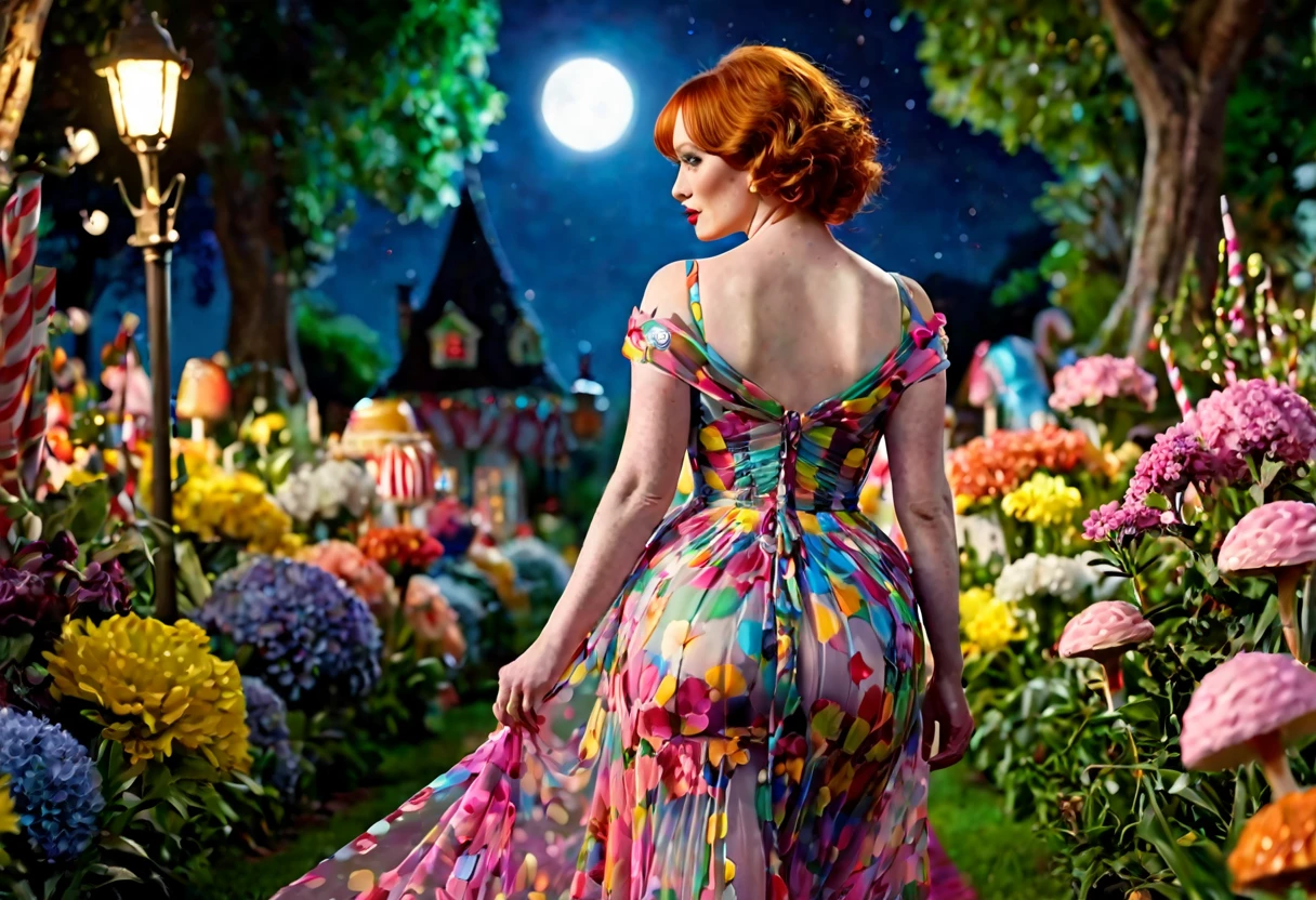 a detailed photo of Christina Rene Hendricks in a sheer colorful gown without underwear, strolling through a candy land garden in full bloom on a moonlit night, sultry poses, mainly viewed from behind, best quality,4k,8k,highres,masterpiece:1.2,ultra-detailed,realistic,photo-realistic:1.37,HDR,UHD,studio lighting,ultra-fine painting,sharp focus,physically-based rendering,extreme detail description,professional,vivid colors,bokeh,portrait
