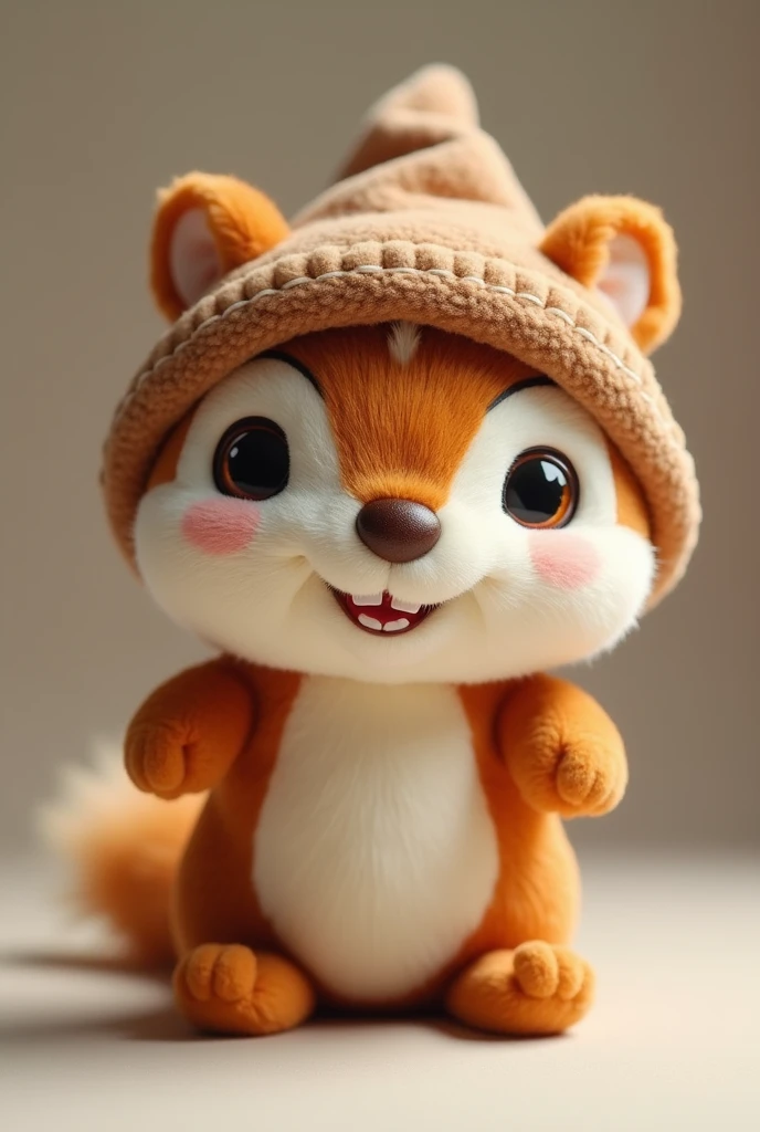 Brown squirrel doll with white spot from forehead to nose with teeth showing with brown cap 