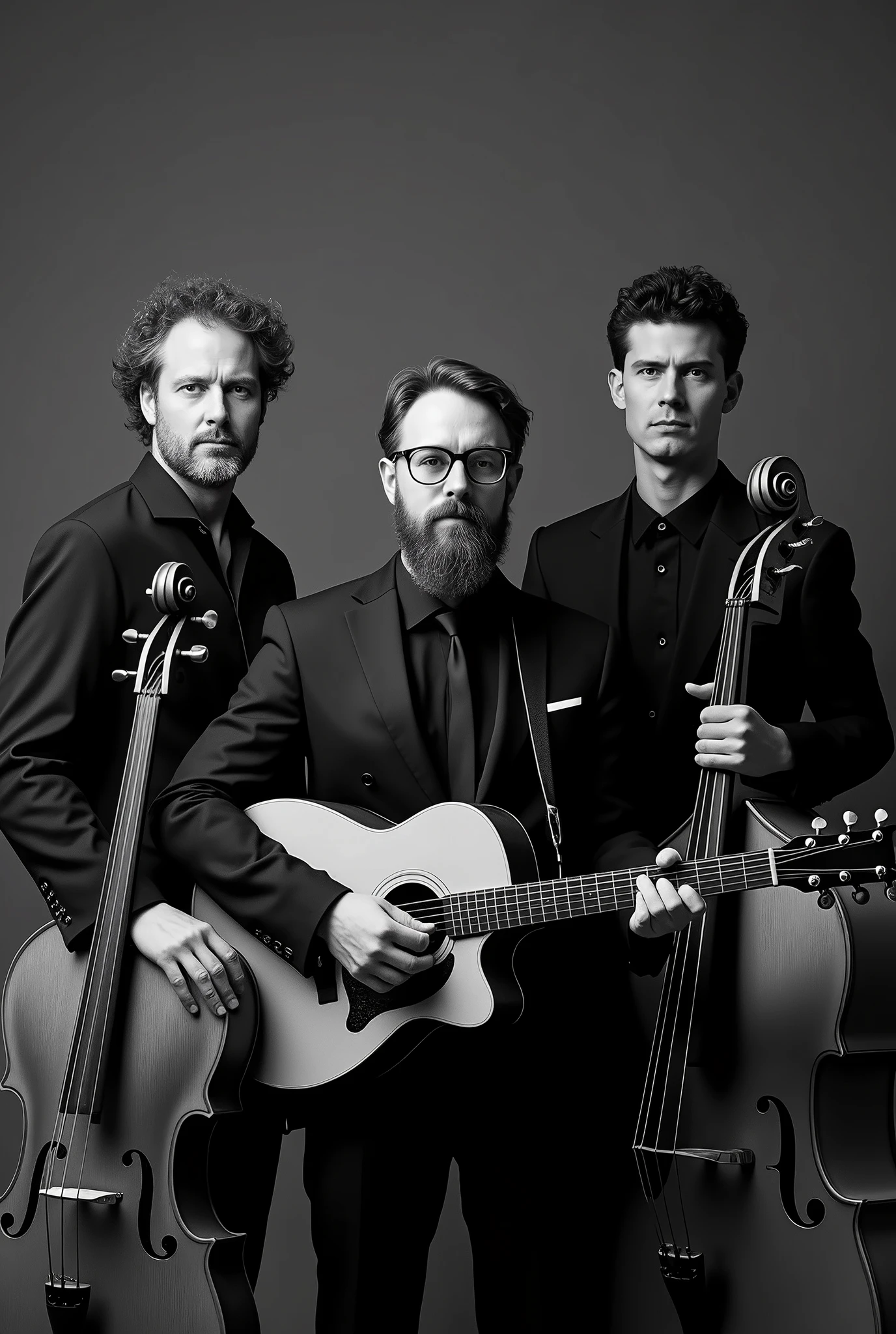 an image of 3 male artists, a beardless singer guitarist with glasses in the center, A curly-haired cellist on the right side and another violinist artist on the left, all with poses focused on the center and with a suit, black shirt and tie, the whole image with all black and white