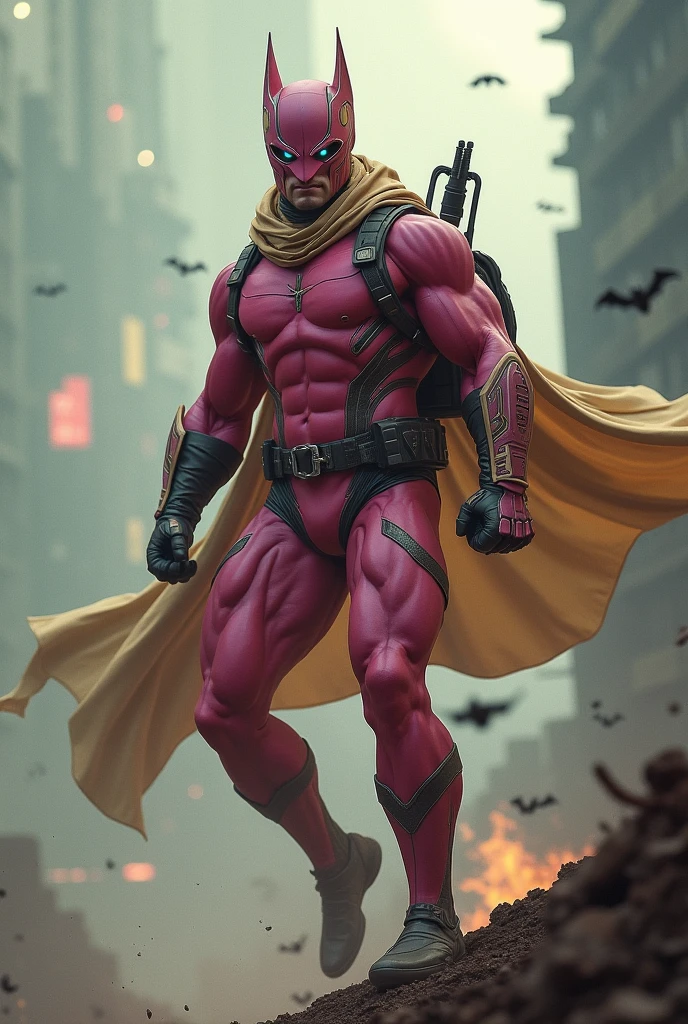 Malaysia man in high-tech suit, vivid effects, malaysian superhero(( (KELUANG MAN)) in a striking pink and brown beige costume cyberpunk design((, mask small mini bat ear beige,))(( beige bat mask domino beige cover head helmet))jumpsuit dark pink stands confidently in a dramatic.jumping from high place.hero costume.one hand rise up. (Small punisher in triangle shape on chest.). jumping from hight place. Fighting pose , stormy landscape. ((Head covered node guard like batman.)) Running pose , athletic body type, small mini ear bat mask))The character wears domino mask a helmet with pointed mini torn ears and a flowing cape biege, open nose and mouth. Equipped with visible futuristic weapons on a belt,bullet proof jacket pink dark day.show fingers pose, dark night, big supermoon effect . Small logo on chest triangle shape small ((mitch gerads punisher ) )). rocky. Building top.smoke ground , bomb effect background((, losse pants, losses costume.))adding to --ar 3:4 --style raw --stylize 500 --v 6.1. chaos. Lot of small flying bat.two hand rise up Hand glove. One leg on the high stone. Man. Backpack . Real man age 40 year old. One hand holding belt. Jump from high place. Open cape.two hand holding pistol