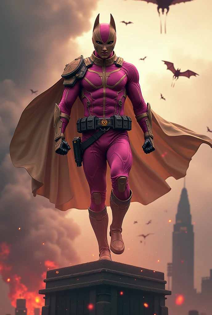 Malaysia man in high-tech suit, vivid effects, malaysian superhero(( (KELUANG MAN)) in a striking pink and brown beige costume cyberpunk design((, mask small mini bat ear beige,))(( beige bat mask domino beige cover head helmet))jumpsuit dark pink stands confidently in a dramatic.jumping from high place.hero costume.one hand rise up. (Small punisher in triangle shape on chest.). jumping from hight place. Fighting pose , stormy landscape. ((Head covered node guard like batman.)) Running pose , athletic body type, small mini ear bat mask))The character wears domino mask a helmet with pointed mini torn ears and a flowing cape biege, open nose and mouth. Equipped with visible futuristic weapons on a belt,bullet proof jacket pink dark day.show fingers pose, dark night, big supermoon effect . Small logo on chest triangle shape small ((mitch gerads punisher ) )). rocky. Building top.smoke ground , bomb effect background((, losse pants, losses costume.))adding to --ar 3:4 --style raw --stylize 500 --v 6.1. chaos. Lot of small flying bat.two hand rise up  Hand glove. One leg on the high stone. Man. Backpack . Real man age 40 year old. One hand holding belt. Jump from high place. Open cape.two hand holding pistol