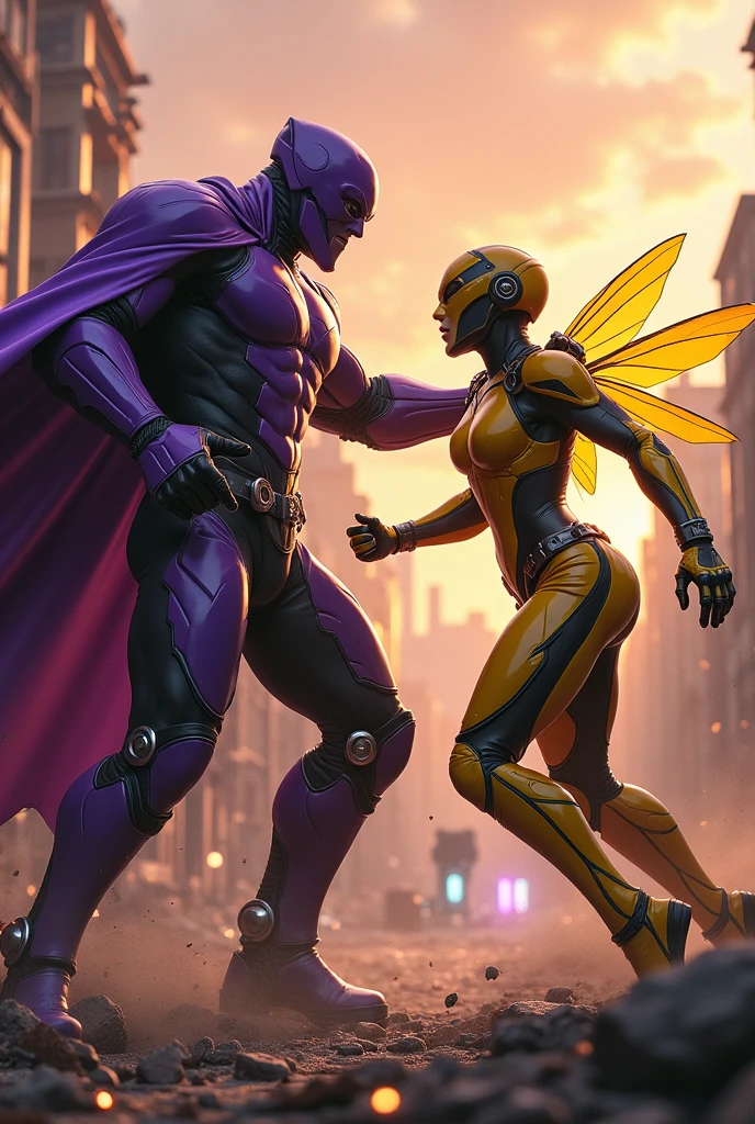 (photorealism: 1.2), villain, muscular man, dressed in a purple futuristic suit, wearing a purple helmet, fighting a heroine with a yellow futuristic suit, with a futuristic helmet, with the wasp-style suit, exterior , destroyed city, villains and heroes fighting in the background, destroyed buildings, reddish sky, warm colors