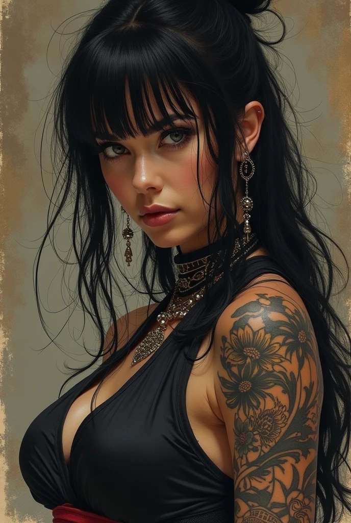 drawing woman, Dark skin, gray eyes, Japan, in worn color, Goddess, warrior, Norman Rockwell, tattooed, he would be, strong look, streets at night, black color, Dark, Samurai, punk,